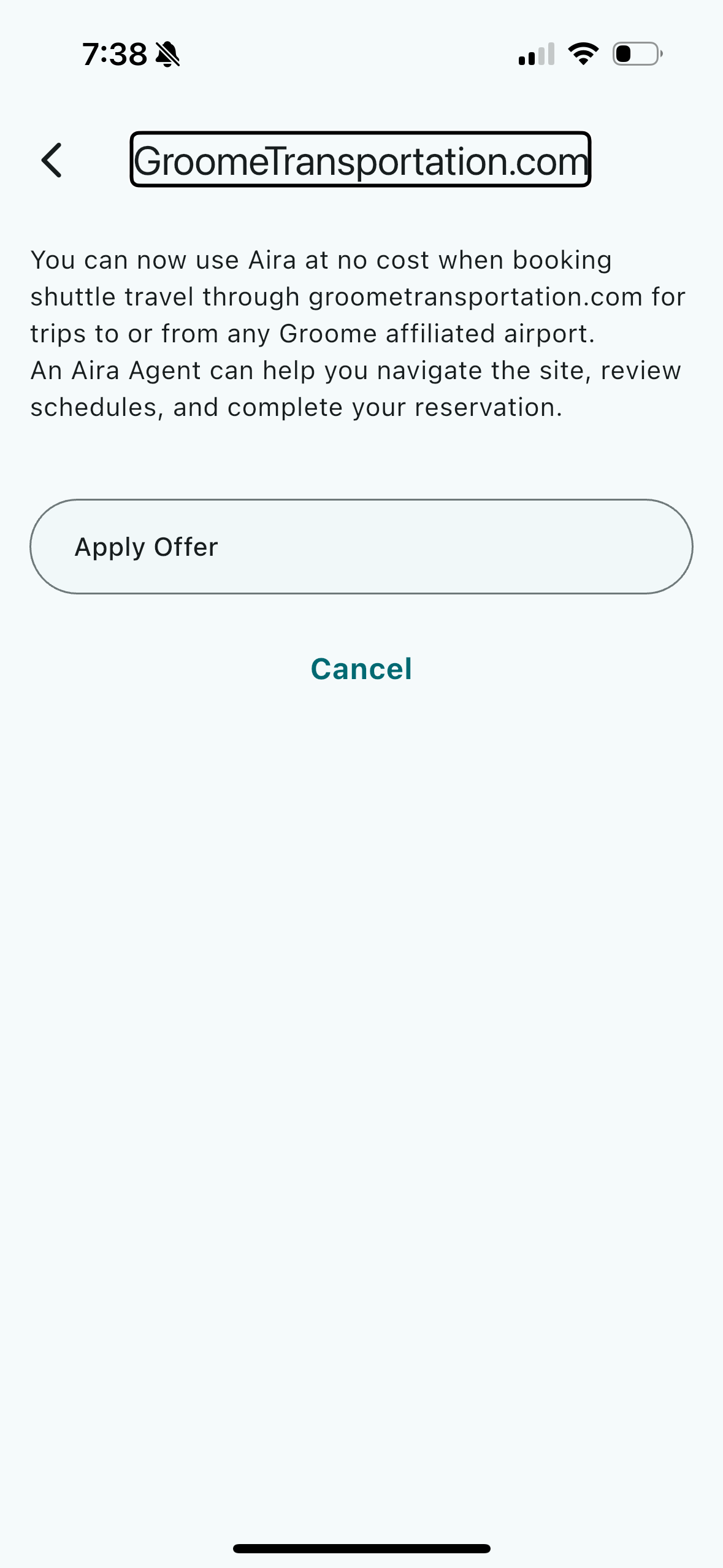 A screenshot of the GroomeTransportation.com's Access Offer's screen from the Aira App containing details and two buttons to Apply the offer or cancel.